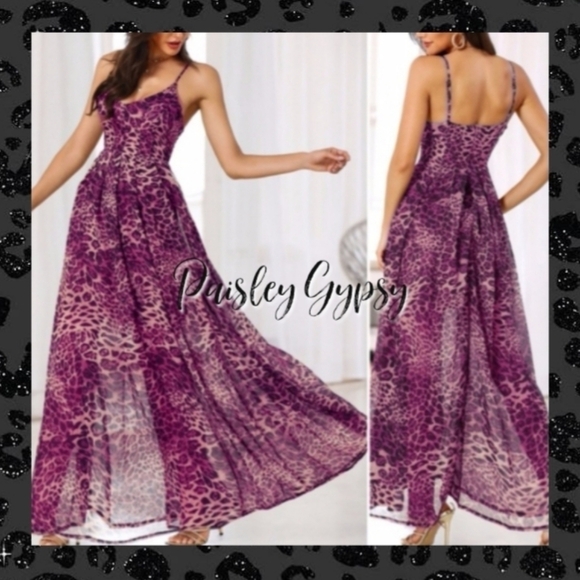 Beautiful Pink Purple and Black Leopard Print Chiffon Maxi Dress - Picture 1 of 13